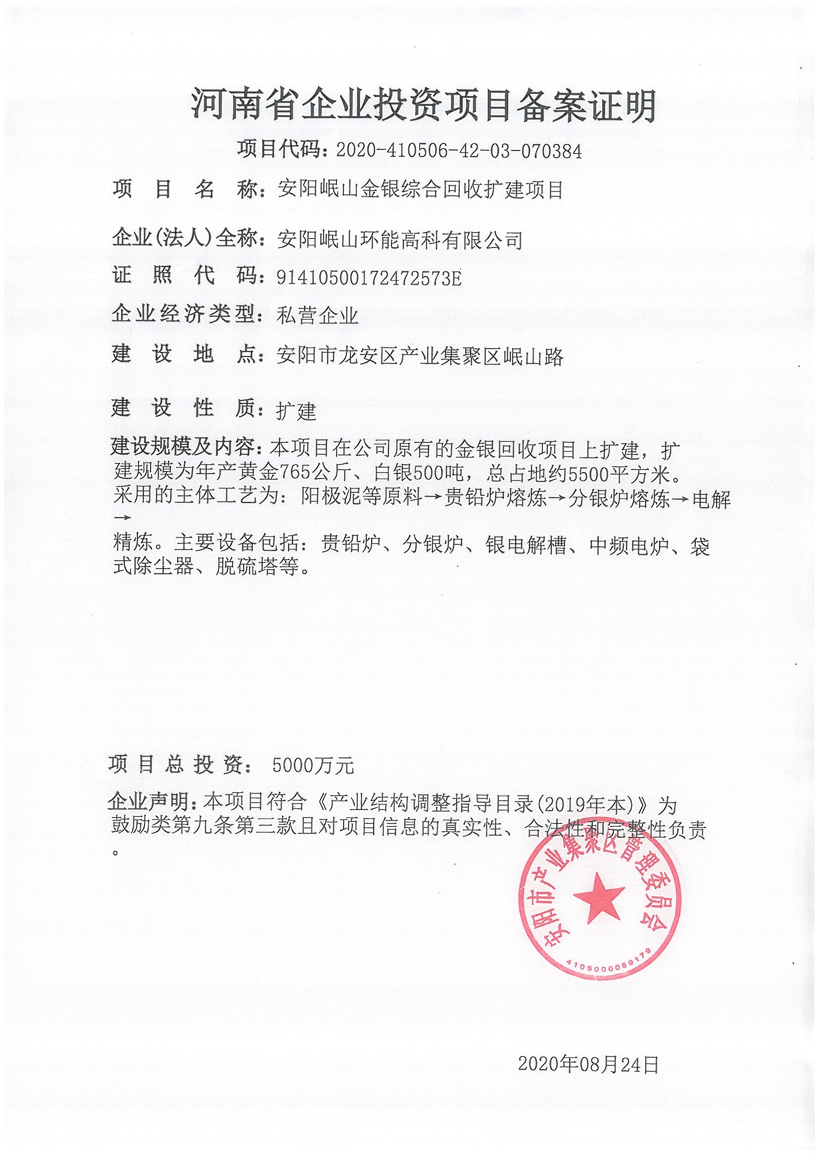 企业投资项目备案证实